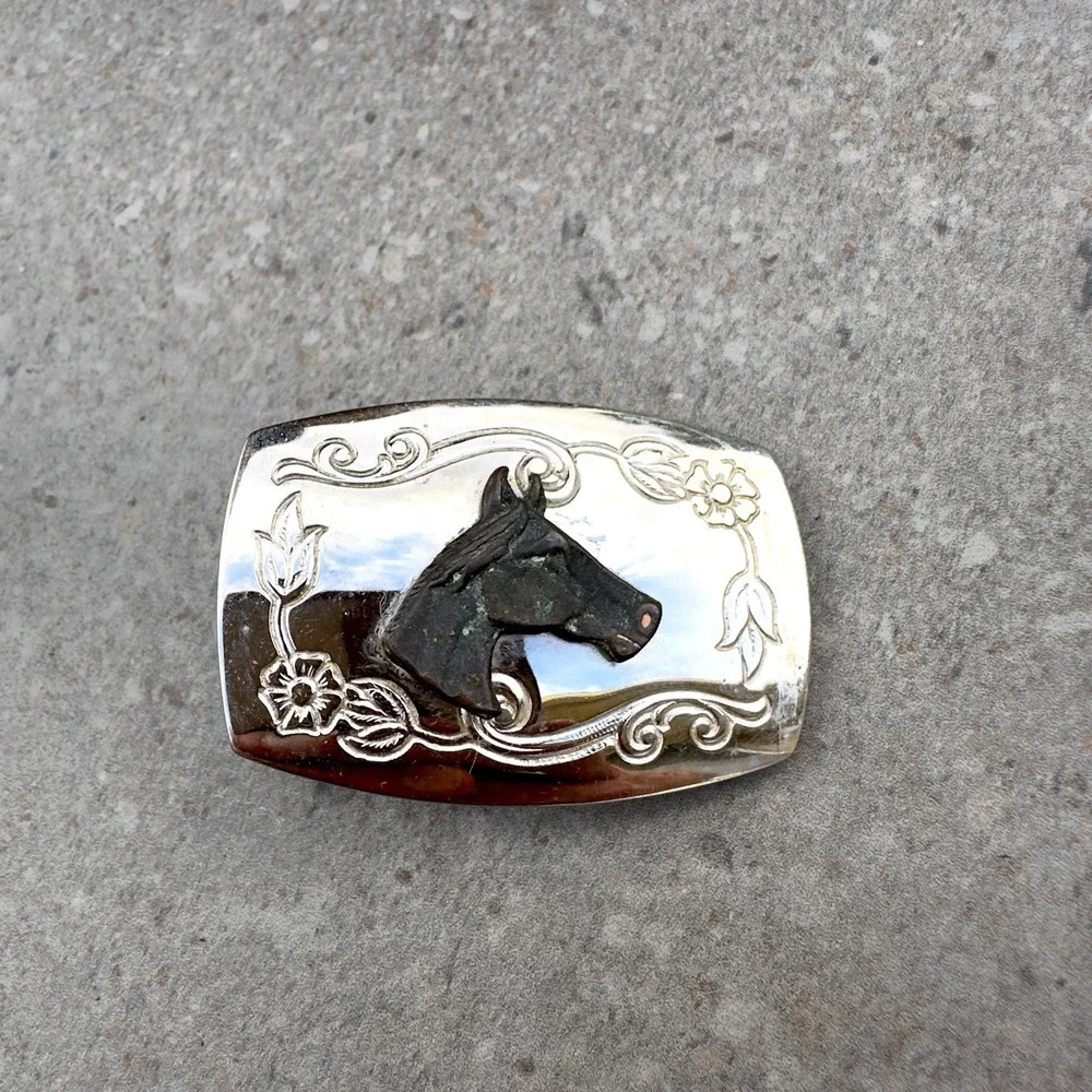 Vintage Silver Metal Small Belt Buckle Horse Head Made in USA Floral Engraved